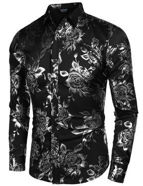 COOFANDY Men's Rose Shiny Shirt Luxury Flowered Printed Button Down Shirt S-XXL