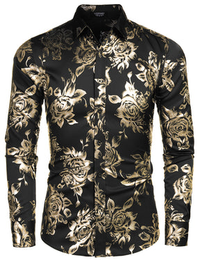 COOFANDY Men's Rose Shiny Shirt Luxury Flowered Printed Button Down Shirt S-XXL