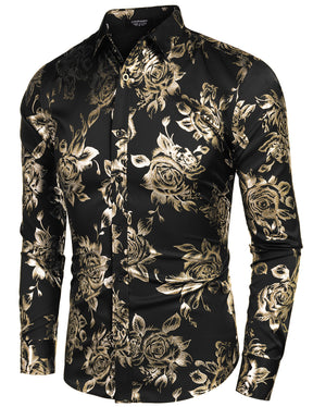 COOFANDY Men's Rose Shiny Shirt Luxury Flowered Printed Button Down Shirt S-XXL