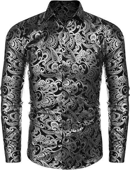 COOFANDY Men's Rose Shiny Shirt Luxury Flowered Printed Button Down Shirt S-XXL
