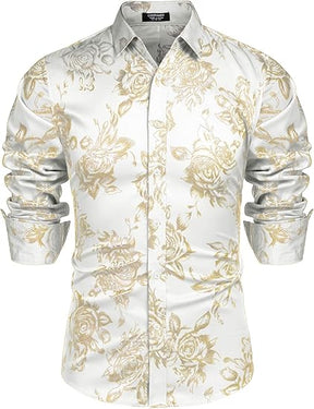 COOFANDY Men's Rose Shiny Shirt Luxury Flowered Printed Button Down Shirt S-XXL