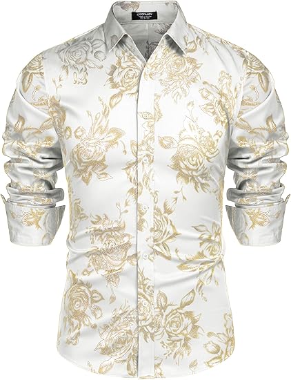 COOFANDY Men's Rose Shiny Shirt Luxury Flowered Printed Button Down Shirt S-XXL