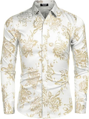 COOFANDY Men's Rose Shiny Shirt Luxury Flowered Printed Button Down Shirt S-XXL