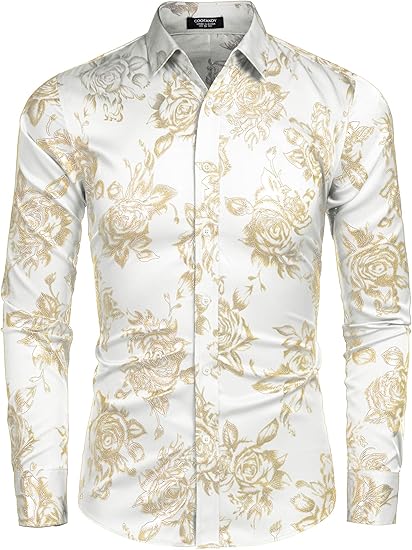 COOFANDY Men's Rose Shiny Shirt Luxury Flowered Printed Button Down Shirt S-XXL