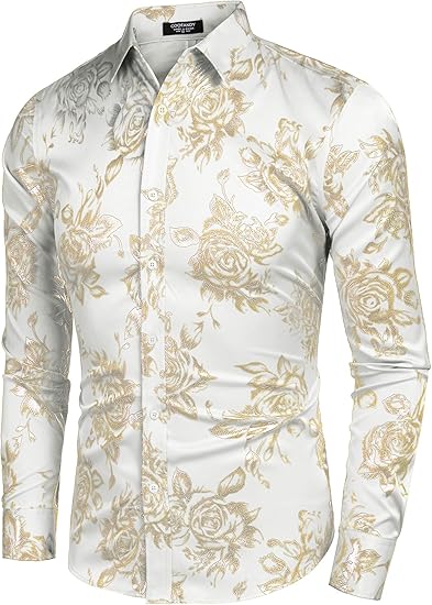 COOFANDY Men's Rose Shiny Shirt Luxury Flowered Printed Button Down Shirt S-XXL