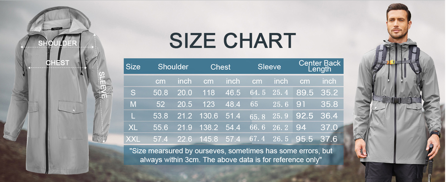 COOFANDY Men's Long Raincoat Ligtweight Rain Jacket Waterproof Outdoor Jackets with Hood S-XXL