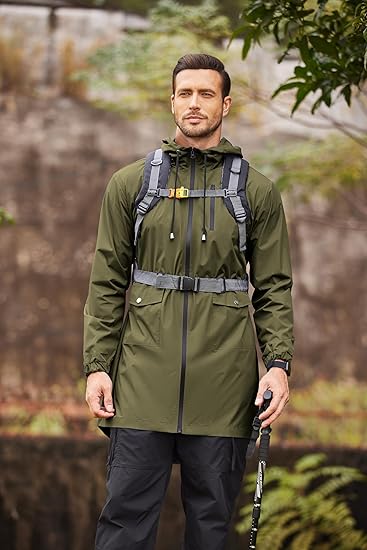 COOFANDY Men's Long Raincoat Ligtweight Rain Jacket Waterproof Outdoor Jackets with Hood S-XXL