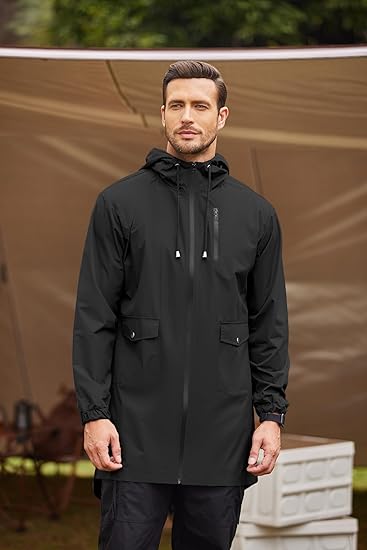 COOFANDY Men's Long Raincoat Ligtweight Rain Jacket Waterproof Outdoor Jackets with Hood S-XXL