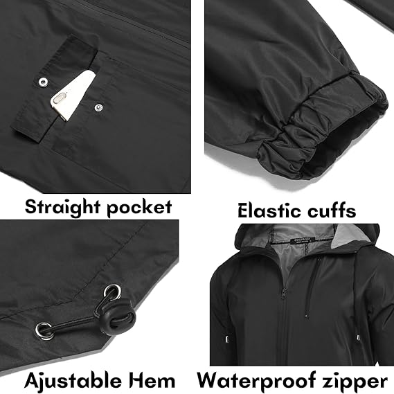 COOFANDY Men's Long Raincoat Ligtweight Rain Jacket Waterproof Outdoor Jackets with Hood S-XXL