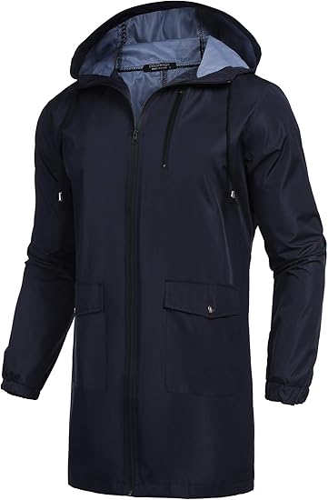 COOFANDY Men's Long Raincoat Ligtweight Rain Jacket Waterproof Outdoor Jackets with Hood S-XXL