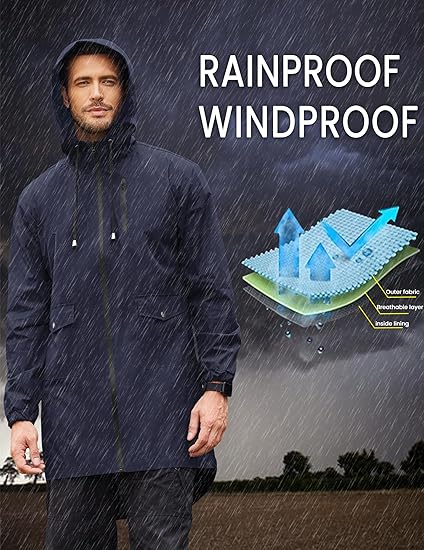 COOFANDY Men's Long Raincoat Ligtweight Rain Jacket Waterproof Outdoor Jackets with Hood S-XXL