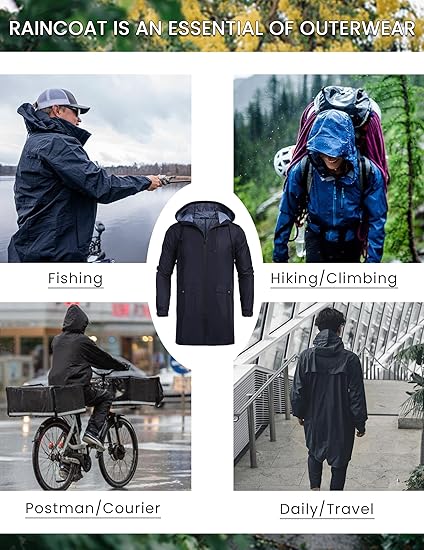 COOFANDY Men's Long Raincoat Ligtweight Rain Jacket Waterproof Outdoor Jackets with Hood S-XXL