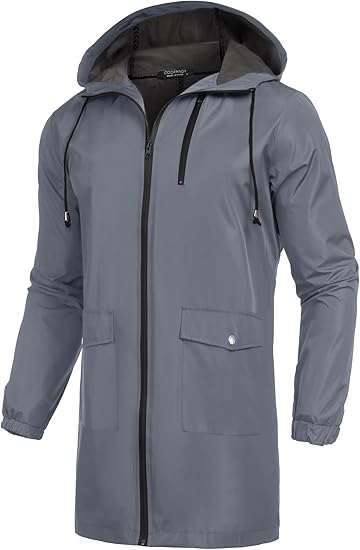 COOFANDY Men's Long Raincoat Ligtweight Rain Jacket Waterproof Outdoor Jackets with Hood S-XXL