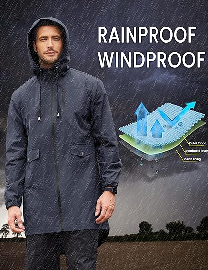 COOFANDY Men's Long Raincoat Ligtweight Rain Jacket Waterproof Outdoor Jackets with Hood S-XXL