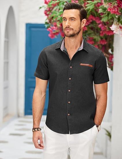 COOFANDY Men's Casual Short Sleeve Button Down Dress Shirt Plaid Collar Denim Work Shirts S-XXL