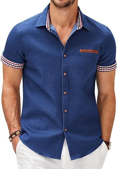 COOFANDY Men's Casual Short Sleeve Button Down Dress Shirt Plaid Collar Denim Work Shirts S-XXL