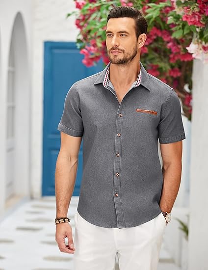 COOFANDY Men's Casual Short Sleeve Button Down Dress Shirt Plaid Collar Denim Work Shirts S-XXL
