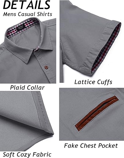 COOFANDY Men's Casual Short Sleeve Button Down Dress Shirt Plaid Collar Denim Work Shirts S-XXL