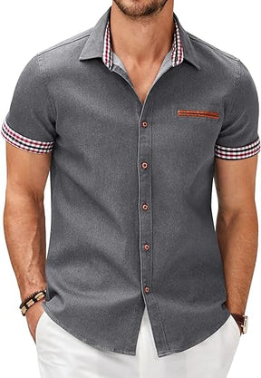 COOFANDY Men's Casual Short Sleeve Button Down Dress Shirt Plaid Collar Denim Work Shirts S-XXL