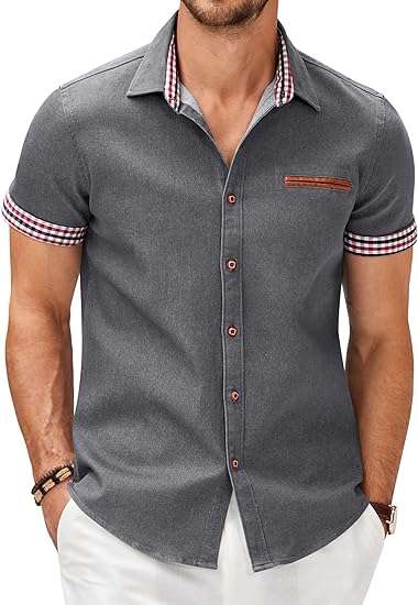 COOFANDY Men's Casual Short Sleeve Button Down Dress Shirt Plaid Collar Denim Work Shirts S-XXL