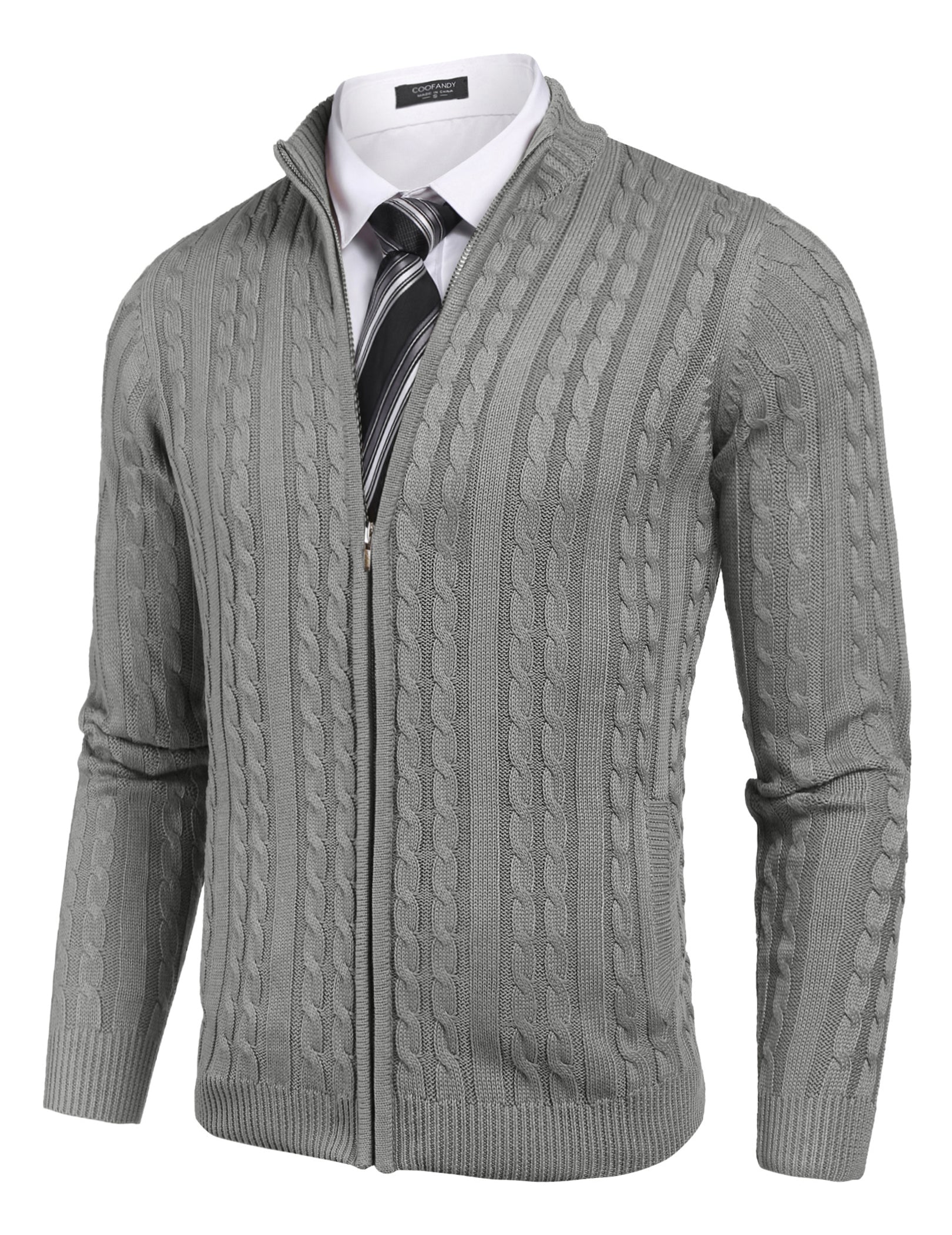 COOFANDY Men's Full Zip Cardigan Sweater Slim Fit Cable Knitted Zip Up Sweater with Pockets