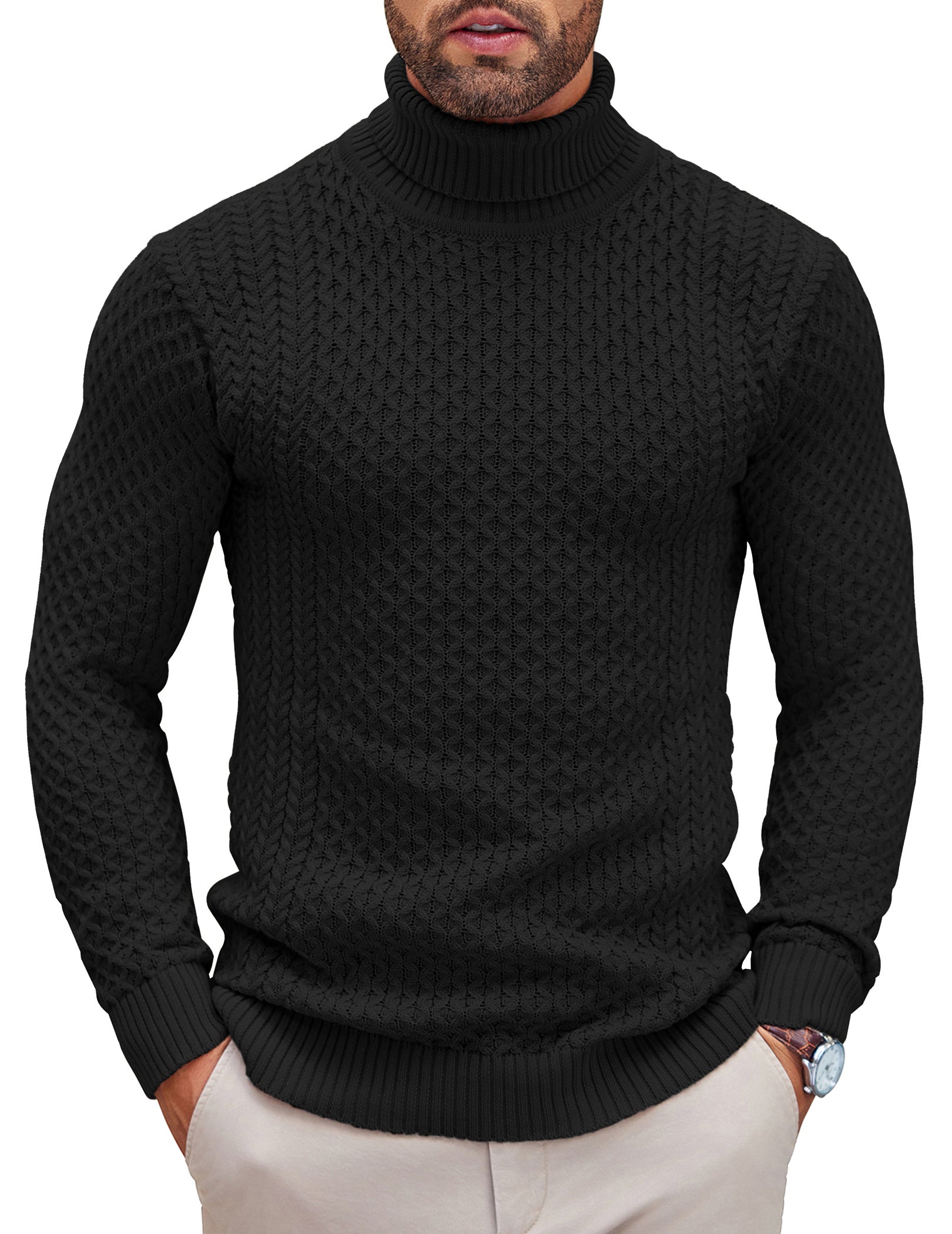 COOFANDY Men's Slim Fit Turtleneck Sweater Casual Knitted Twisted Pullover Solid Sweaters