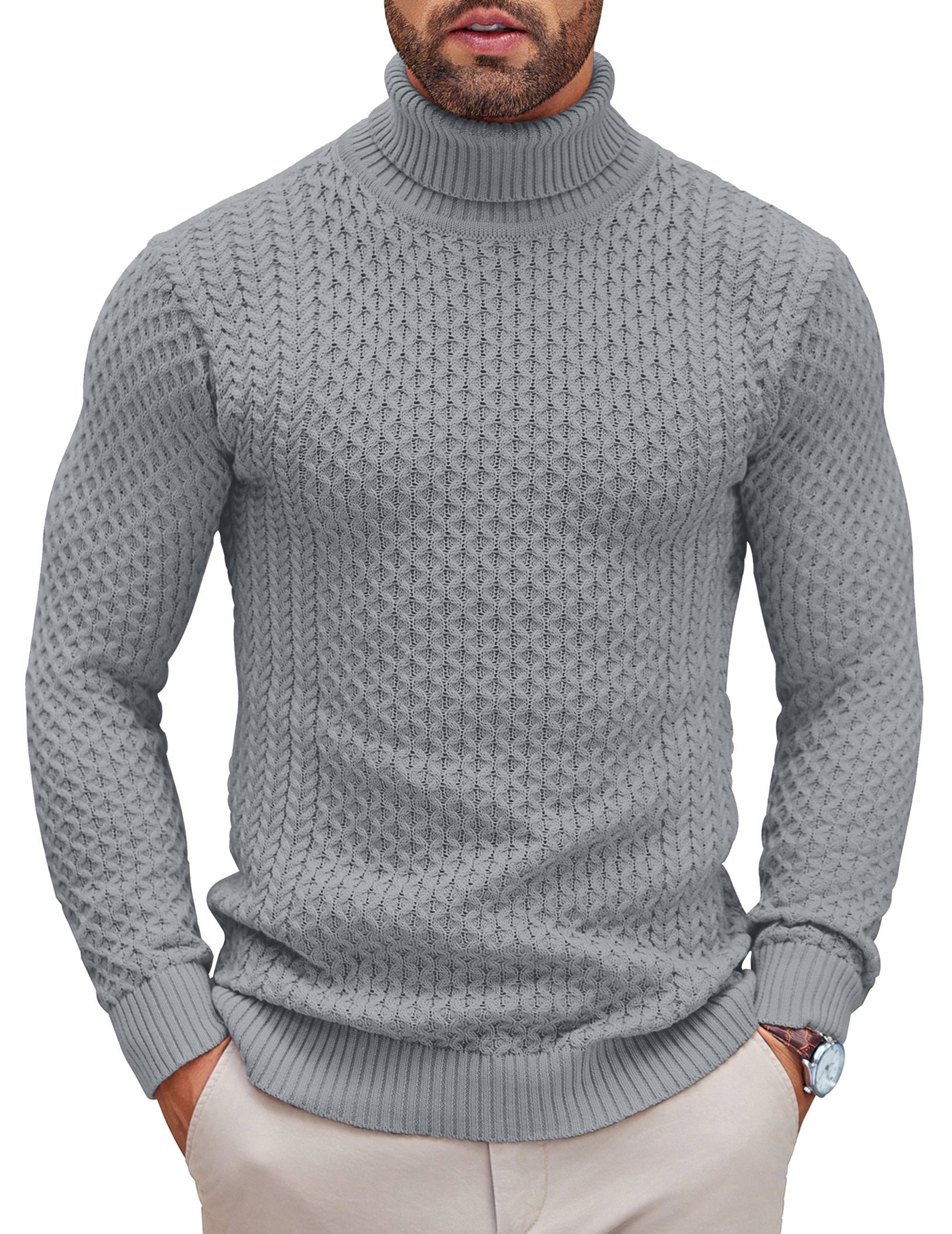 COOFANDY Men's Slim Fit Turtleneck Sweater Casual Knitted Twisted Pullover Solid Sweaters