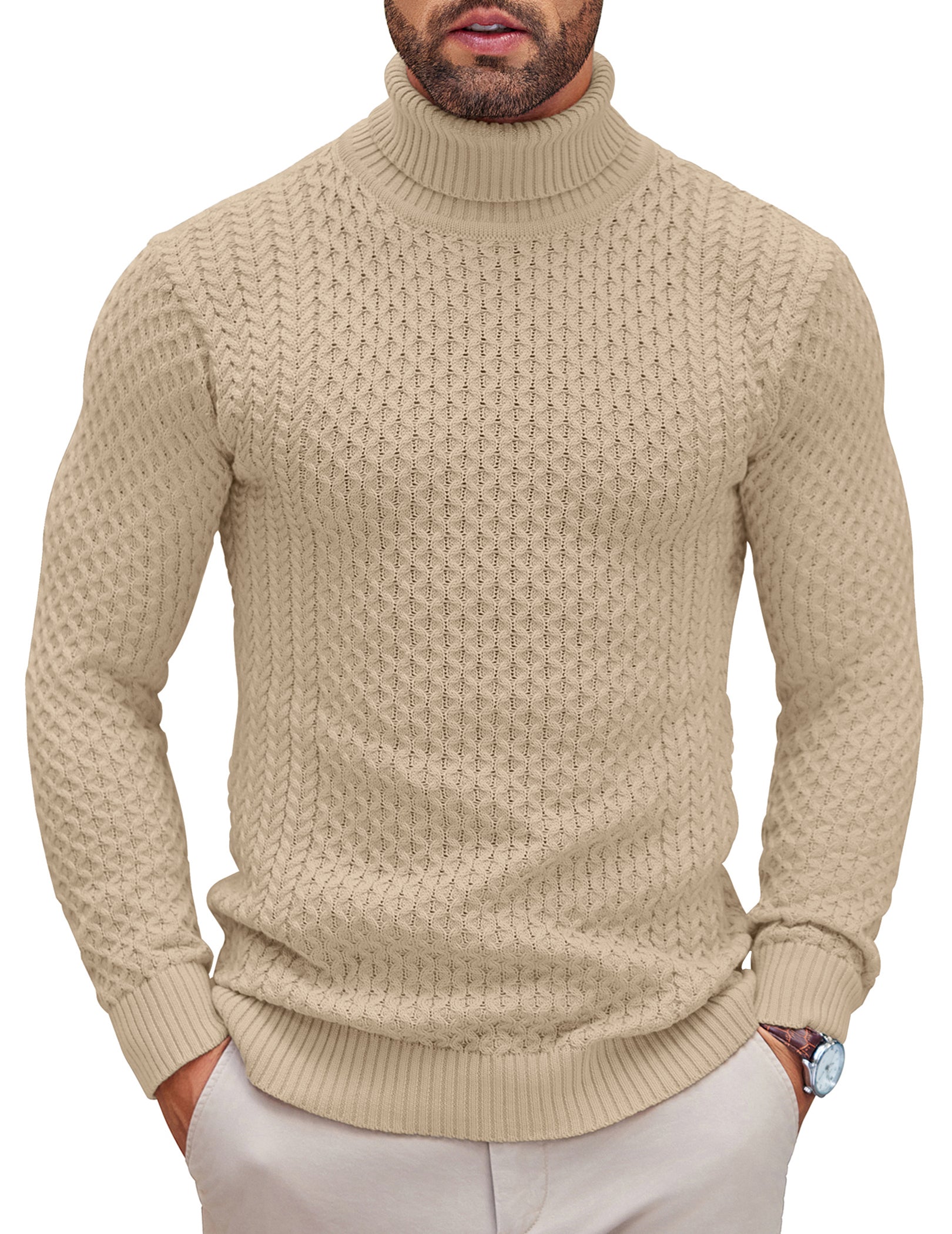 COOFANDY Men's Slim Fit Turtleneck Sweater Casual Knitted Twisted Pullover Solid Sweaters