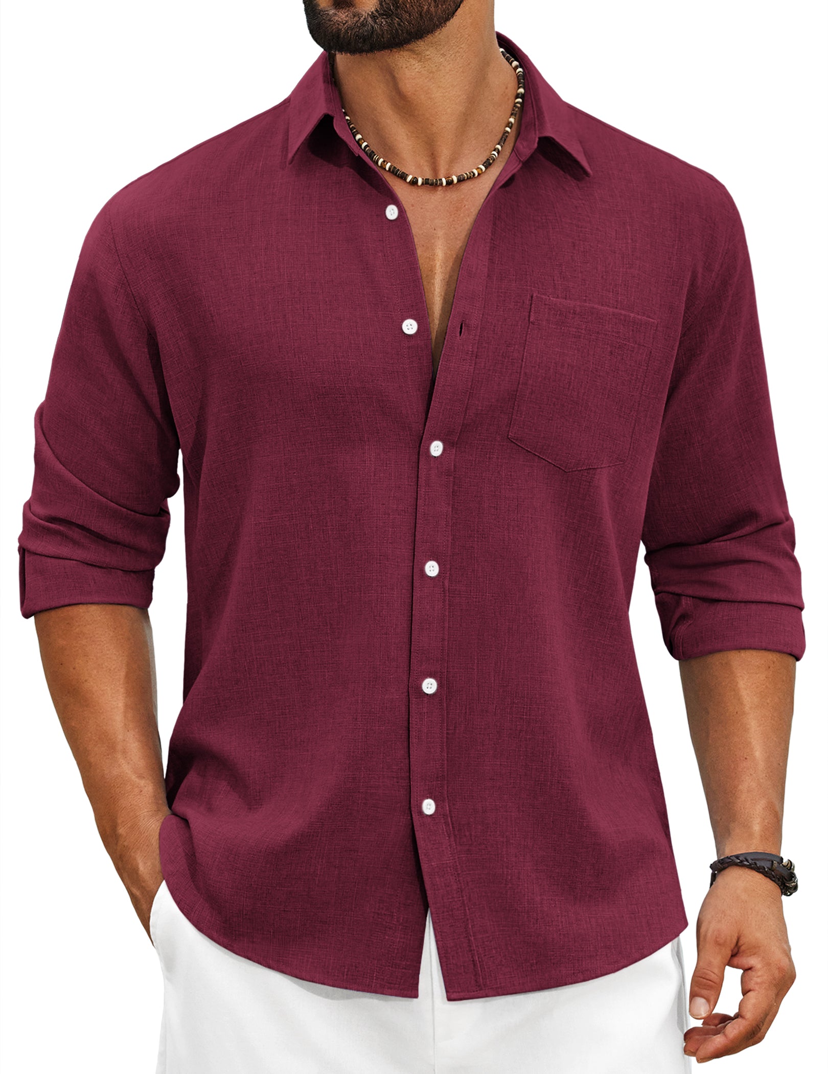 COOFANDY Men's Casual Button Down Shirt Long Sleeve Linen Chambray Shirt
