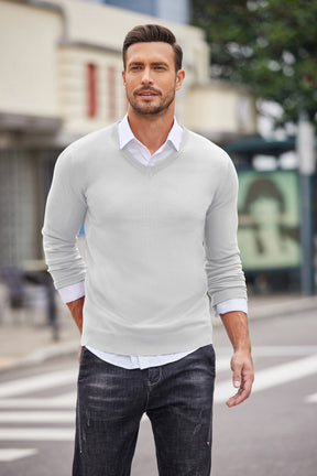 COOFANDY Men Casual V Neck Sweater Ribbed Knit Slim Fit Long Sleeve Pullover Top White