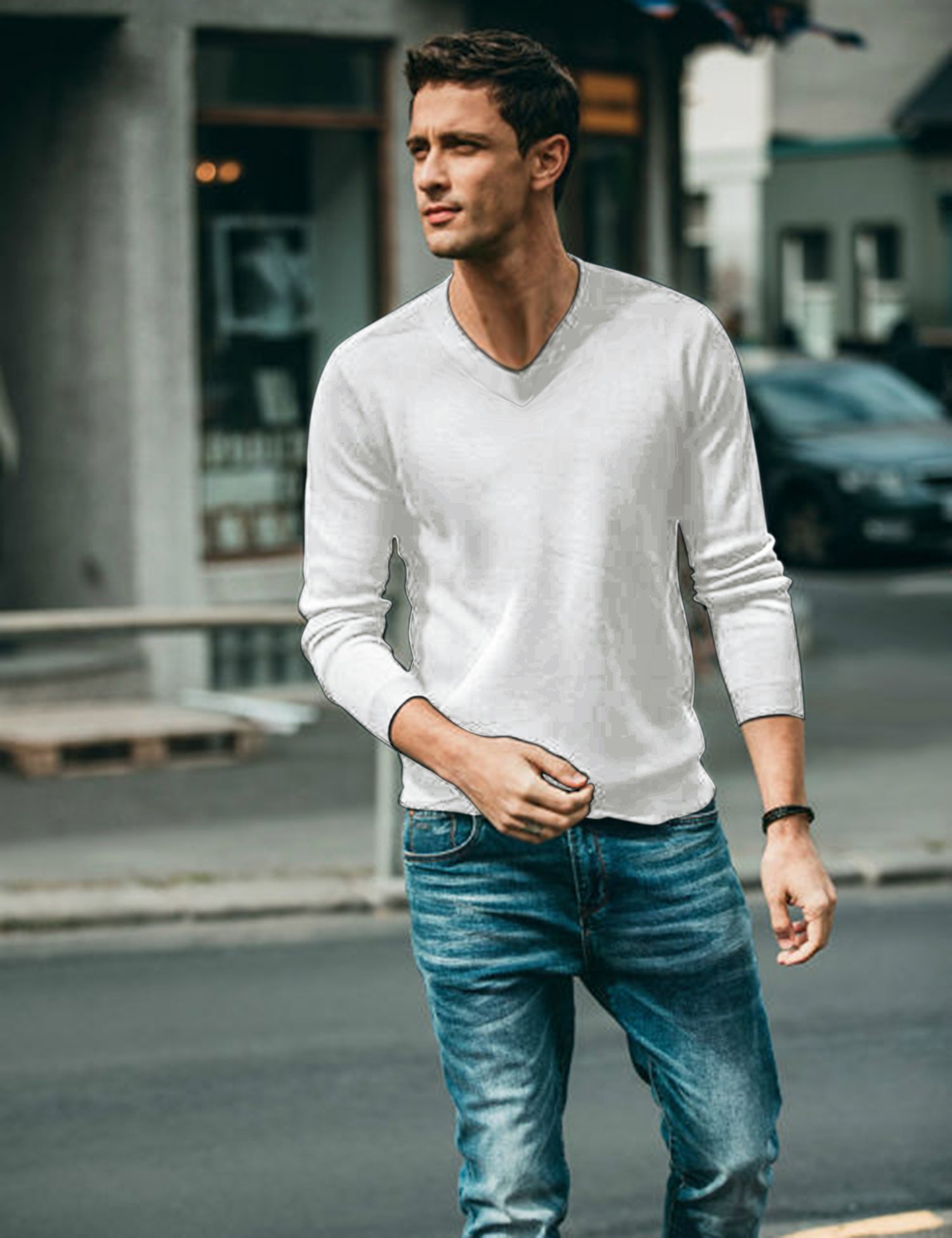 COOFANDY Men Casual V Neck Sweater Ribbed Knit Slim Fit Long Sleeve Pullover Top White