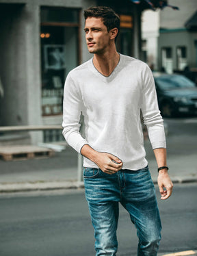 COOFANDY Men Casual V Neck Sweater Ribbed Knit Slim Fit Long Sleeve Pullover Top White