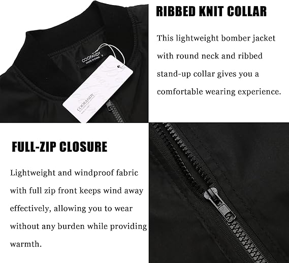 COOFANDY Men Bomber Jacket Lightweight Windbreaker Jackets Casual Softshell Flight Fashion Winter Fall Coat with Pocket S-XXL