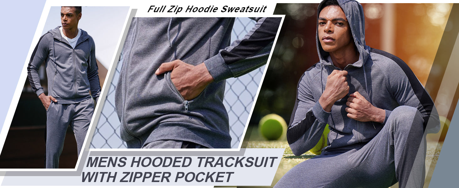 COOFANDY Tracksuit Mens with Zipper Pockets Full Zip Hoodie Sweatsuit 2 Pieces Running Jogging Sports Casual Sweat Suits S-XXL