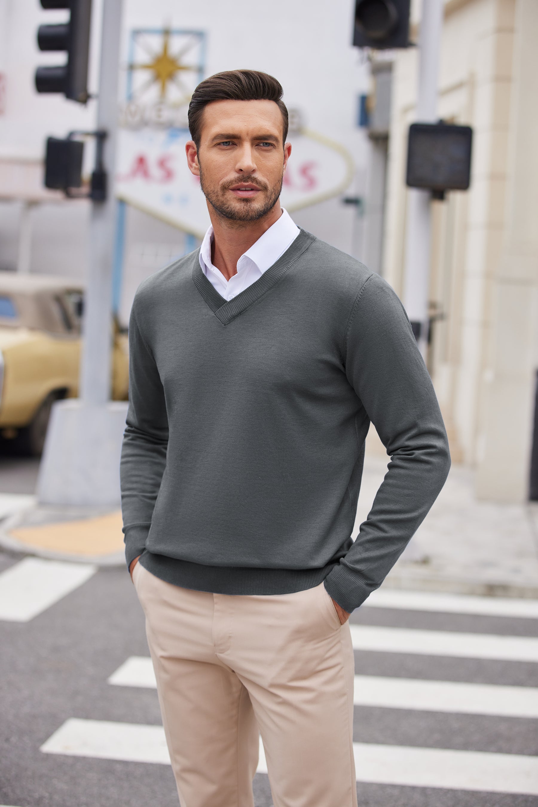 COOFANDY Mens V Neck Dress Sweater Long Sleeve Slim Fit Fashion Pullover Sweater