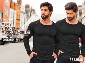 COOFANDY Men's 2 Pack Muscle T-Shirt Stretch Long Sleeve Gym Workout Bodybuilding Training Tee Shirts Casual Hipster Tops