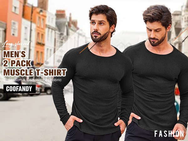 COOFANDY Men's 2 Pack Muscle T-Shirt Stretch Long Sleeve Gym Workout Bodybuilding Training Tee Shirts Casual Hipster Tops