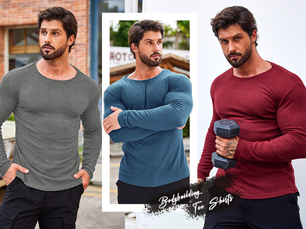 COOFANDY Men's 2 Pack Muscle T-Shirt Stretch Long Sleeve Gym Workout Bodybuilding Training Tee Shirts Casual Hipster Tops