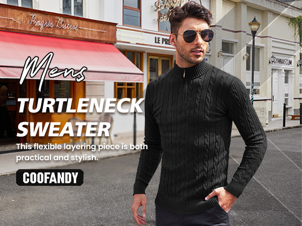COOFANDY Men's Quarter Zip Sweater Slim Fit Casual Knitted Turtleneck Pullover Mock Neck Polo Sweater