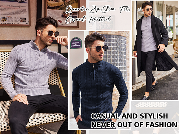 COOFANDY Men's Quarter Zip Sweater Slim Fit Casual Knitted Turtleneck Pullover Mock Neck Polo Sweater