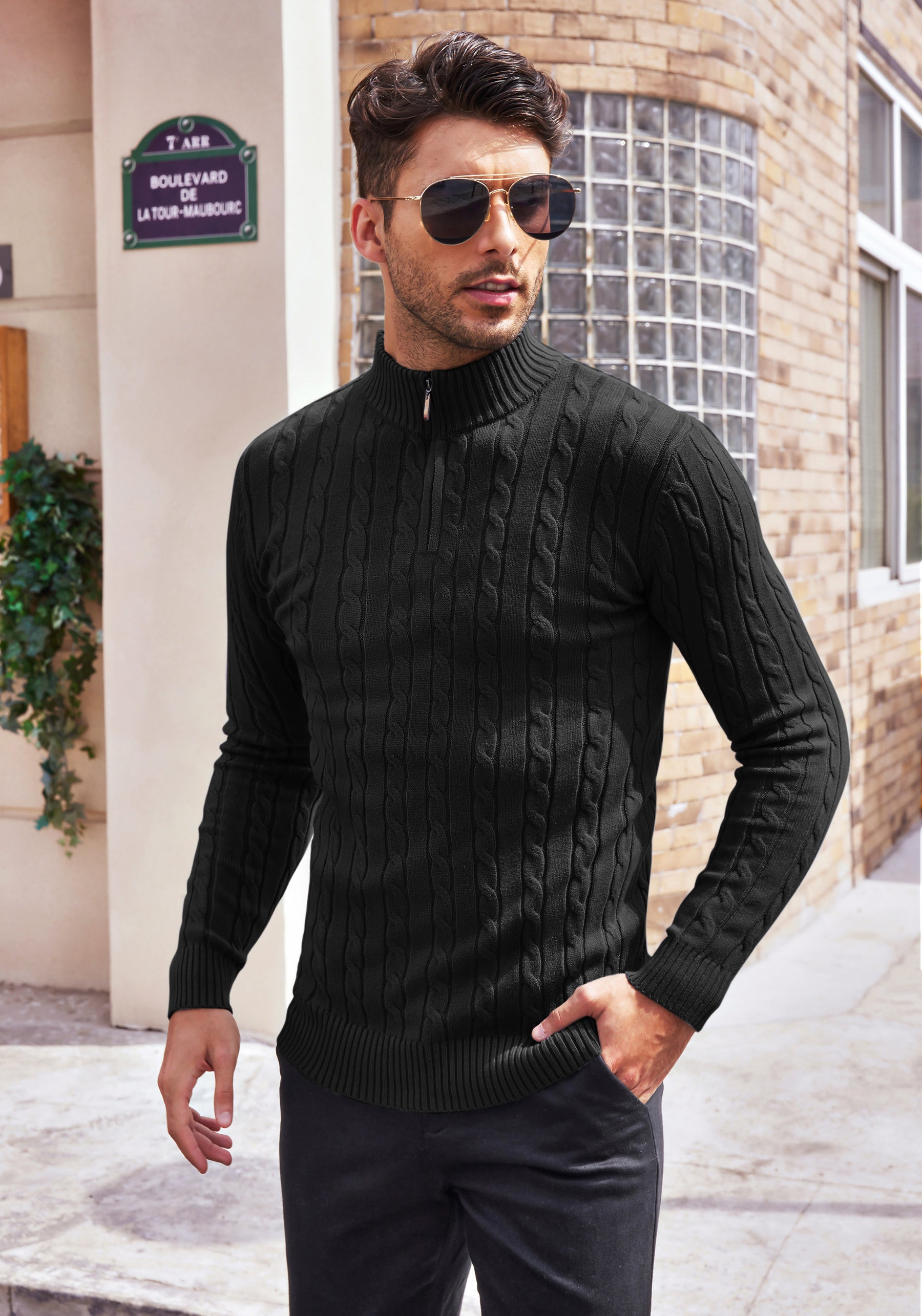 COOFANDY Men's Quarter Zip Sweater Slim Fit Casual Knitted Turtleneck Pullover Mock Neck Polo Sweater