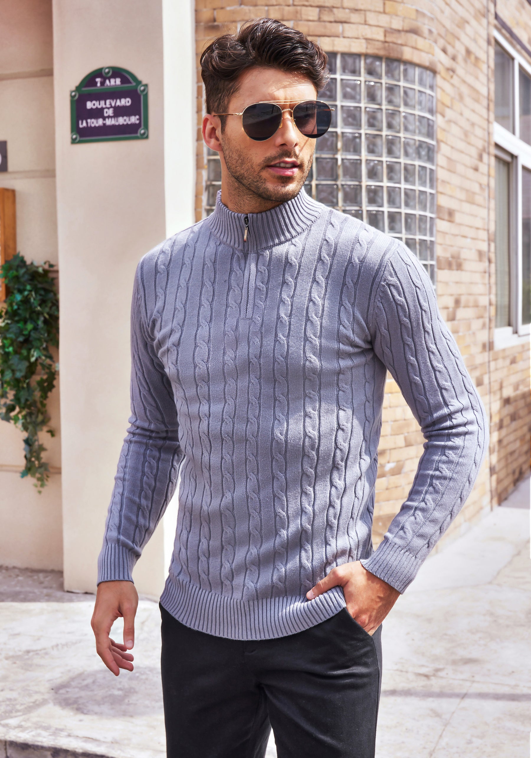 COOFANDY Men's Quarter Zip Sweater Slim Fit Casual Knitted Turtleneck Pullover Mock Neck Polo Sweater