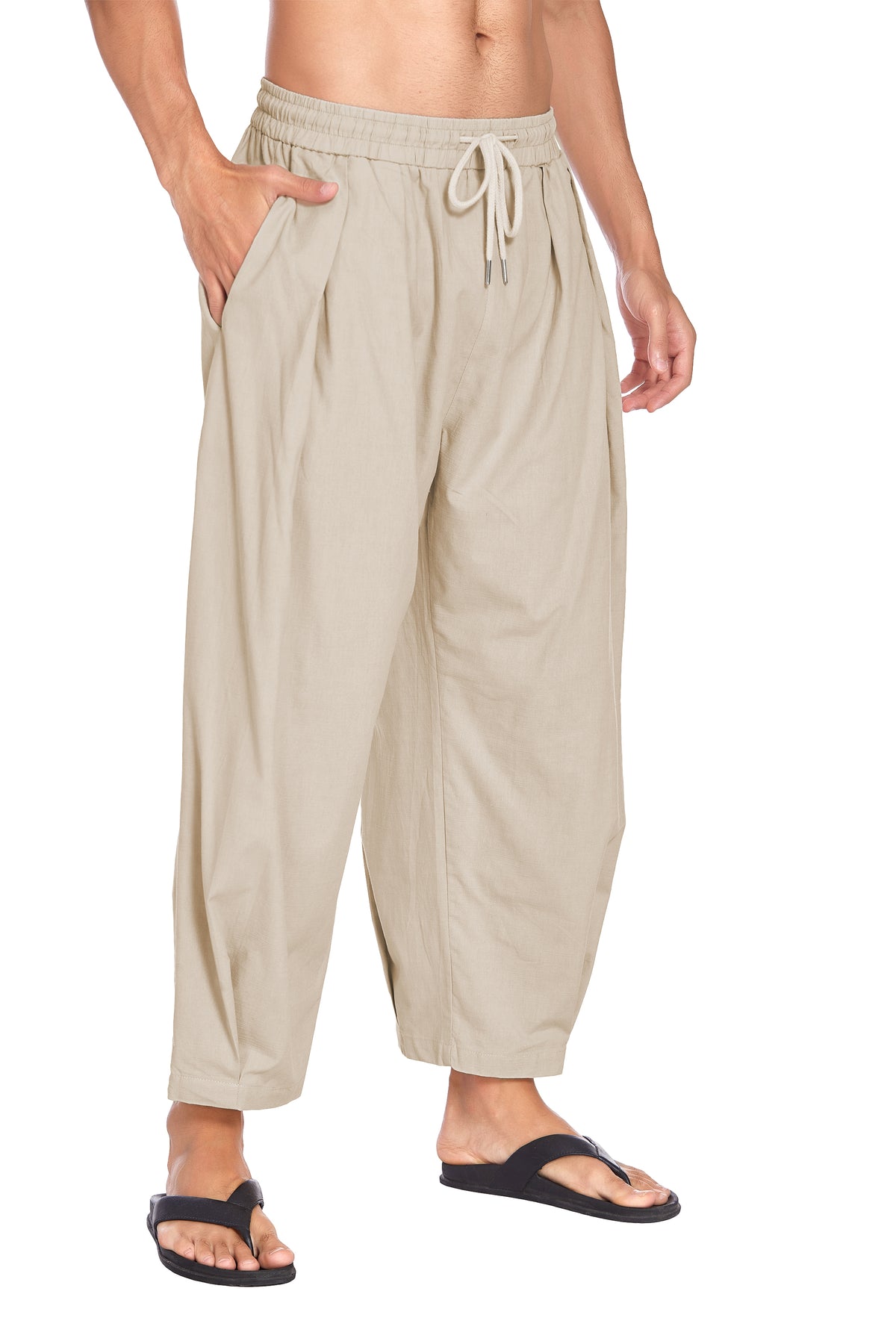 COOFANDY Men's Cotton Linen Harem Pants Drawstring Lightweight Loose Beach Yoga Pants with Pockets