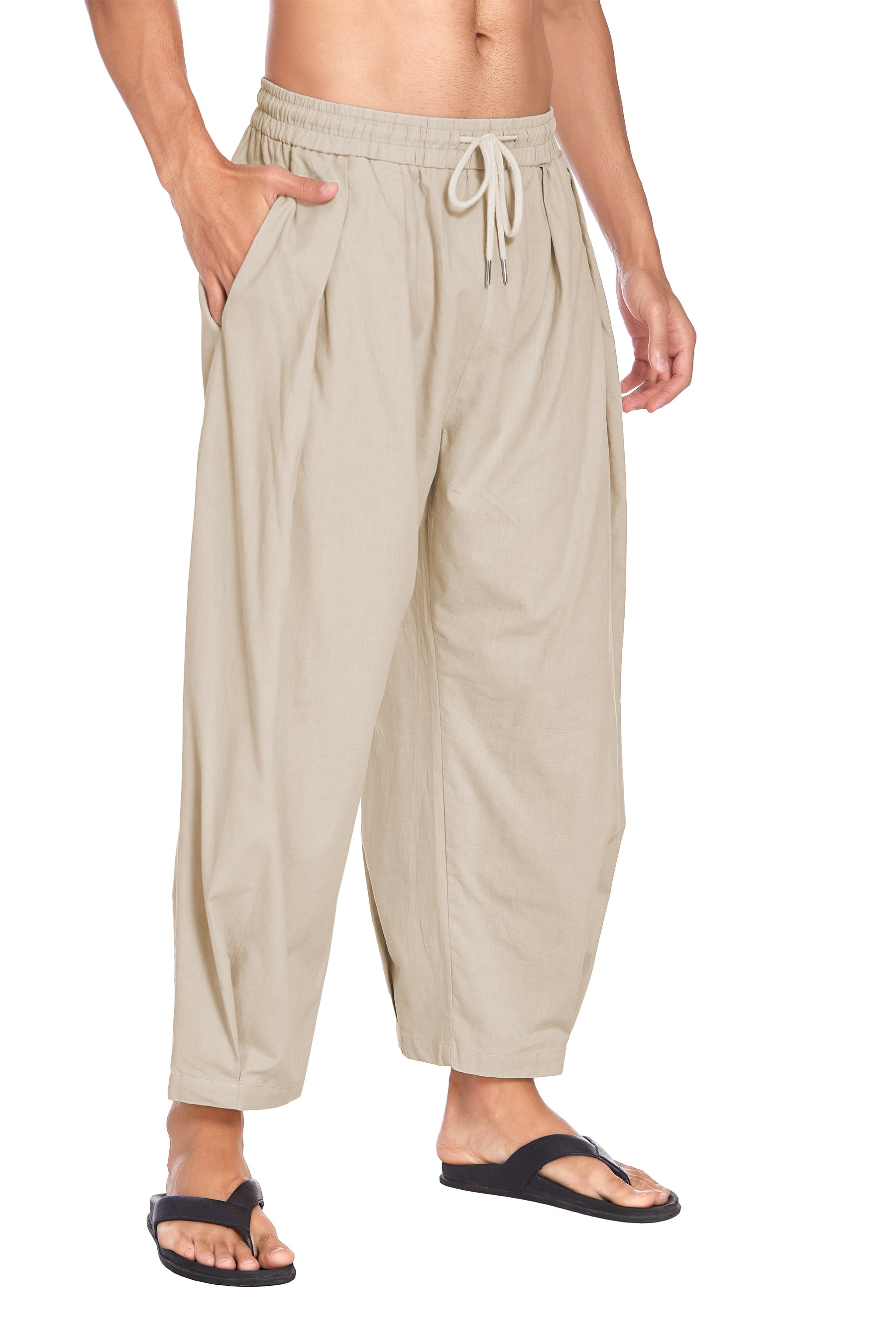 COOFANDY Men's Cotton Linen Harem Pants Drawstring Lightweight Loose Beach Yoga Pants with Pockets