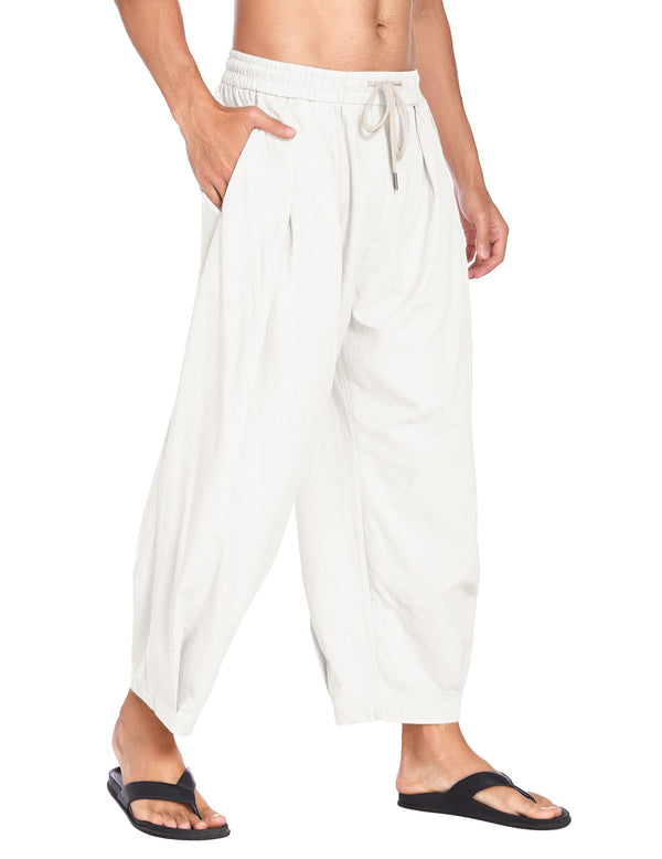 COOFANDY Men's Cotton Linen Harem Pants Drawstring Lightweight Loose Beach Yoga Pants with Pockets