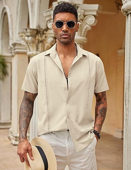 COOFANDY Mens Short Sleeve Cuban Guayabera Shirt Casual Summer Beach Button Down Shirts S-XXXL