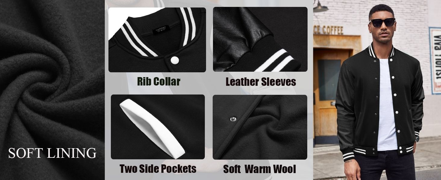 COOFANDY Mens Fashion Varsity Jackets Leather Sleeve Slim Fit College Baseball Letterman Bomber Coat S-XXL