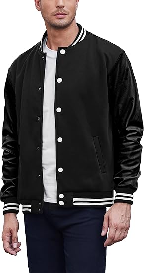 COOFANDY Mens Fashion Varsity Jackets Leather Sleeve Slim Fit College Baseball Letterman Bomber Coat S-XXL