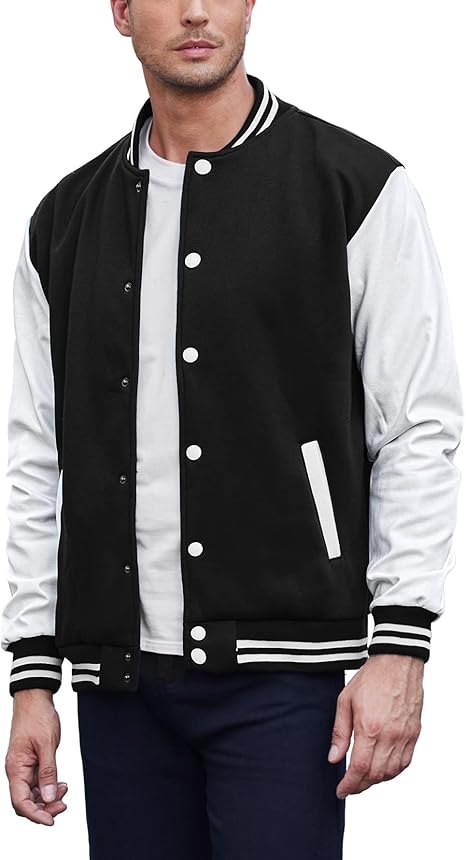 COOFANDY Mens Fashion Varsity Jackets Leather Sleeve Slim Fit College Baseball Letterman Bomber Coat S-XXL