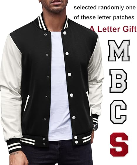 COOFANDY Mens Fashion Varsity Jackets Leather Sleeve Slim Fit College Baseball Letterman Bomber Coat S-XXL
